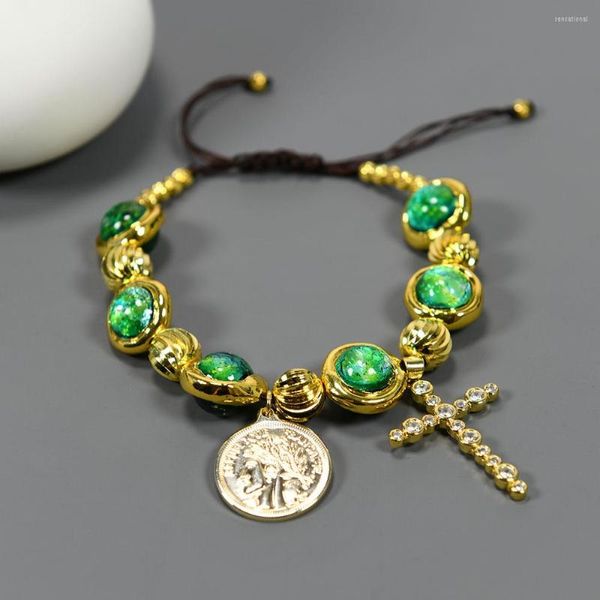 Strand Guaiiguai Jóias Verde Murano Bracelet Bracelet Gold Color Edge Cross Crucifix Freedom Coin Charms