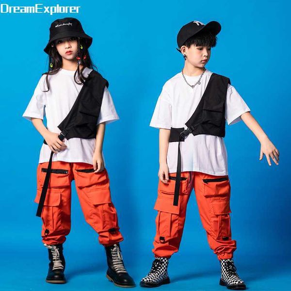 Meninos coletes de hip hop meninas garotas de carga laranja roupa de calça infantil bolsa de t-shirt de t-shirt jogadores dança de rua infantil roupas de rua de streetwear p230331