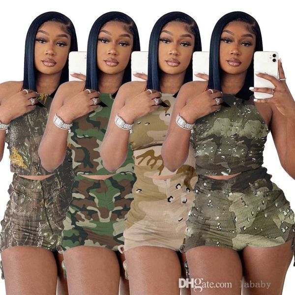 Sommer Damen Trainingsanzüge Designer Kleidung Plissee Camouflage Bedruckte Sweatsuits Weste Kordelzug Shorts Pit Strip Zweiteiler Damen Sportbekleidung