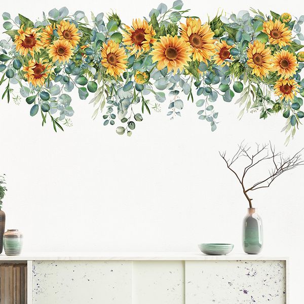 Wandaufkleber 109x50cm handbemalte Sonnenblume grünes Blatt Pflanze Tapete für Wohnzimmer Schlafzimmer Heimdekoration Wandtattoo Blume PVC 230331