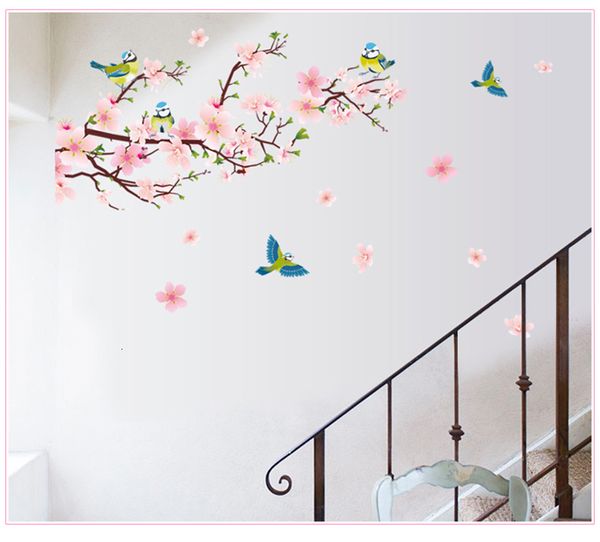 Adesivos de parede Românticos Pêssego Flor de Flores de Flor e Bird Animal Room Wallpaper Removable Stick 230331