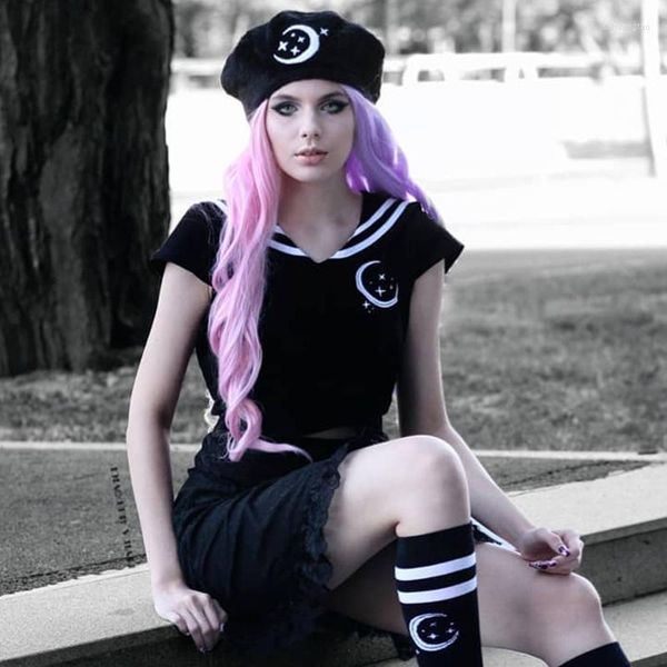 Kadın Tişörtleri Koyu Gotik Punk Seksi Grunge Stripes Dantel Kırpılmış Üst Tişört Kısa Kollu Anime Denizci Jüpiter Cosplay Kostüm