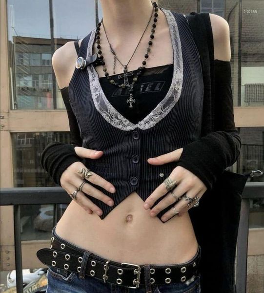 Kadın Yelekleri Gotik Retro Düğmesi Aşağı Fit Ceket Yelek Katı Estetik Vintage Pericore Grunge İnce Tank Tops Sleeveless Punk Stil