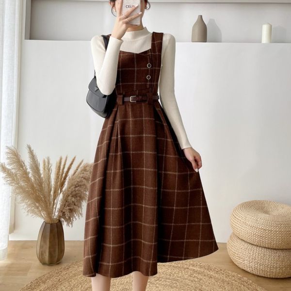 Zweiteiliges Kleid Herbst Winter Damenmode Overalls 2 Set Dres schwarz Strickpullover Top Plaid Tweed Slim Big Swing Midi 230331