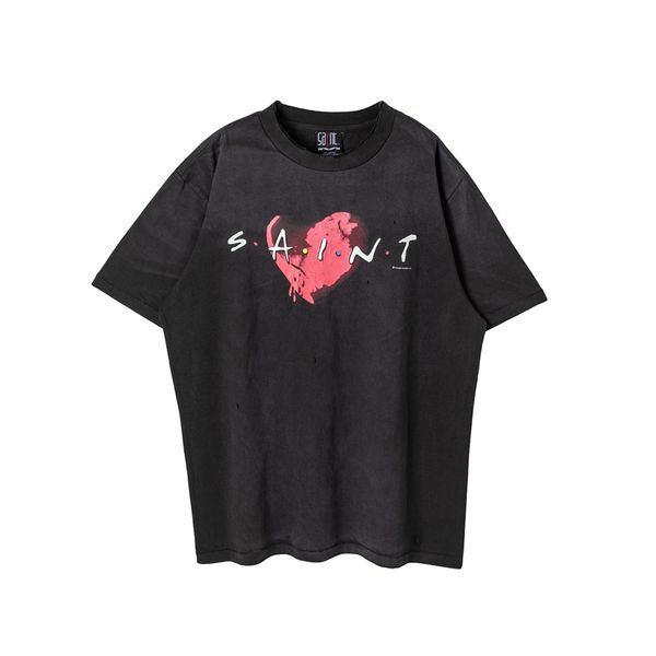 Saint Michael Broken Heart Tee Distressed Holes Heavy Cotton Graphic Drop Shoulder T-shirt Plus Size Uomo T-shirt Top Vintage Oversize T-shirt Streetwear Tee