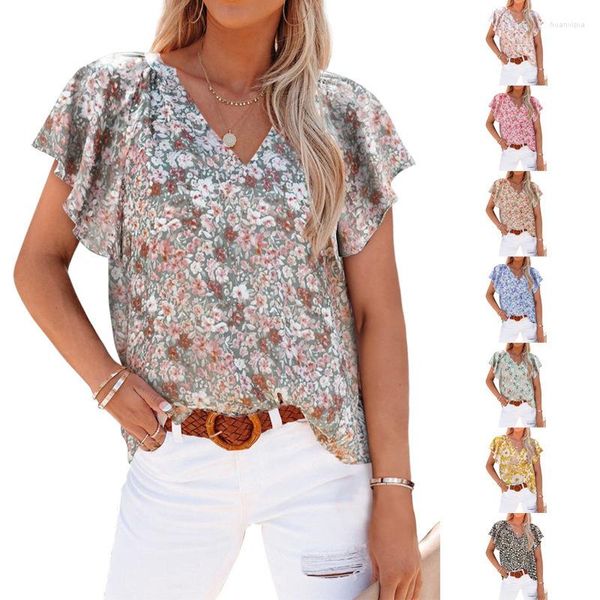 Damenblusen 2023 Frühling V-Ausschnitt Chic Elegant Ausschnitt T-Shirts Pendler Damen Bürohemden Sexy Blütenblatt Ärmel Muster Blumenbluse Tops