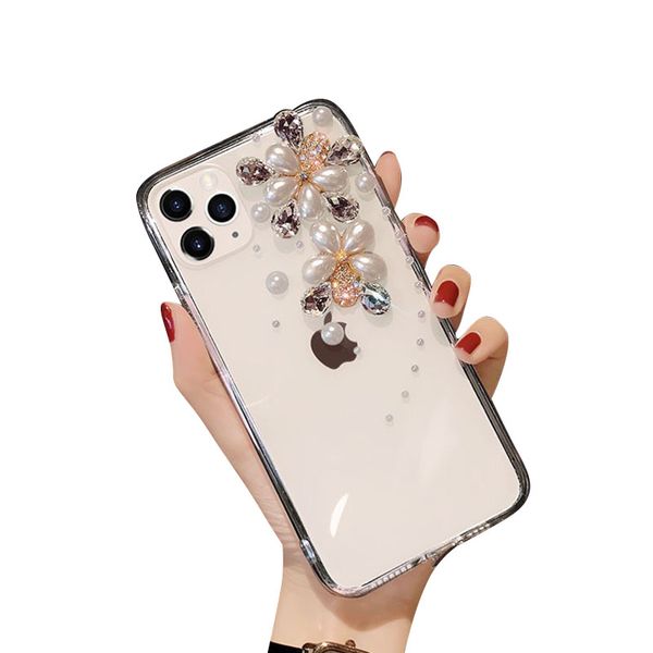 Luxuriöse 3D-Perlenblumen-Handyhüllen, transparente Rückseite für Apple IPhone 14 Promax 13 12 11, hübsche Mädchen, stoßfestes Hautgefühl, Handyhülle, Weiß