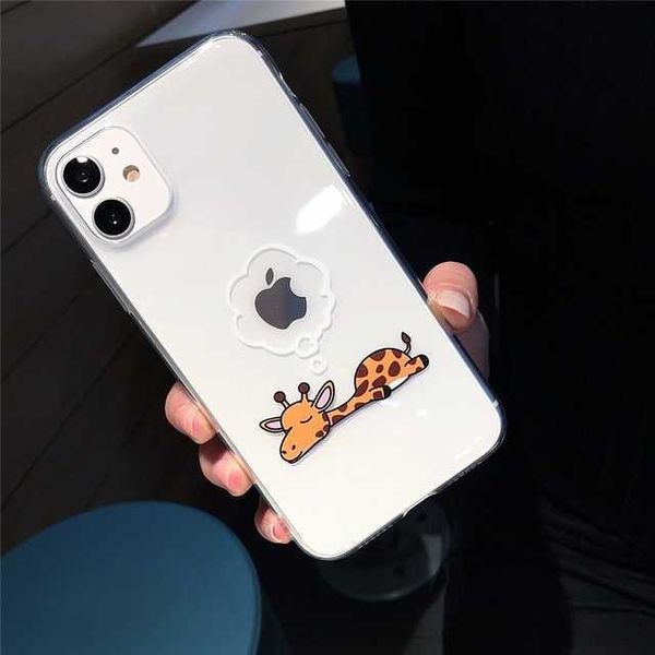 Handyhüllen Ottwn Niedliche Cartoon-Tier-Giraffe-transparente Hülle für iPhone 13 Pro Max 12 Mini 11 X XS XR 7 8 Plus Paar klare weiche TPU-Abdeckung Z0329FHIM