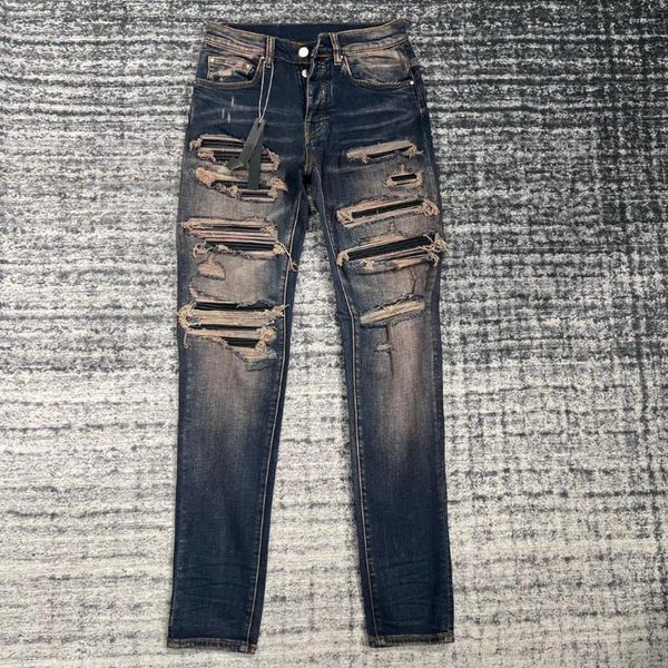 Herren Jeans Style Washed Yellow Mud Retro Tattered Plissee Leather Patch Ripped Slim Fit Men