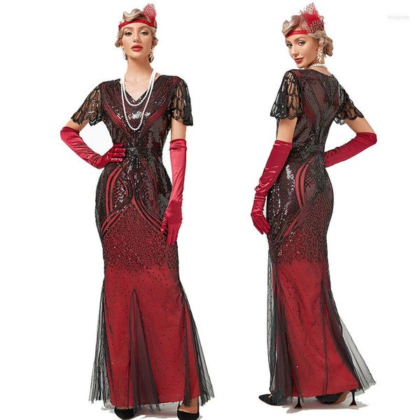 Lässige Kleider 1920er 30er Flapper Kleid Gatsby Charleston Deco Pailletten Perlen Party Langes Maxi Cocktailkleid am Abend