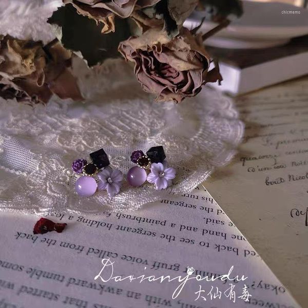 Brincos de backs genshin impacto elegante Raiden Shogun Amethyst Purple Flower Drop Dangle Ear Clip para mulheres Brincho Jóias