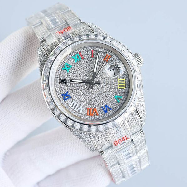 Homens, relógios mecânicos automáticos 41mm de alça de prata Numbers romanos moldura de diamante em aço inoxidável safira boutique pulseira para presentes de namorado