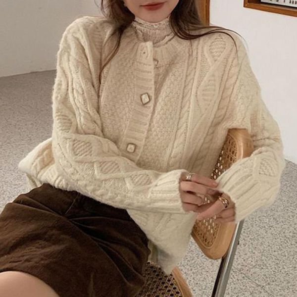 Damen Pullover Frauen Strickpullover Strickjacke 2023 Damen Tops Süß Lose Einfarbig Elegant Knopf Dünn Patchwork Herbst Winter Weiblich Ja