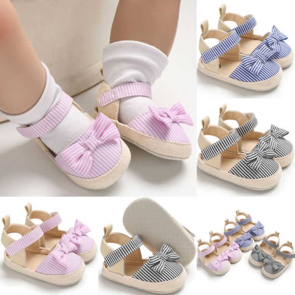 Sandalen Hochwertige Leinwand Baby Mädchen Sandalen Kinder Schwarz Blau Rosa Gestreift Baby Mädchen Schuhe Kleinkind Nette Fliege Weiche Schuhe Baby Sandalen Z0331