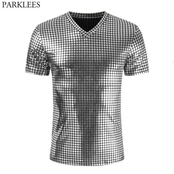 Magliette da uomo T-shirt da discoteca metallizzata plaid argento Tshirt 2023 T-shirt da ballo sexy da palcoscenico T-shirt slim fit con scollo a V Homme 230331