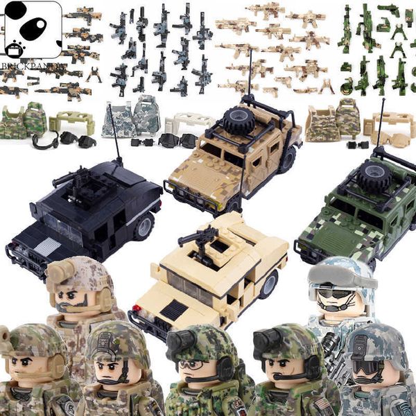 Minifig US Hummer Military Building Blocks Armor Car Vehicles Army Special Forces Soldiers Figures Zubehör Weapon Bricks Toys Gift W0329