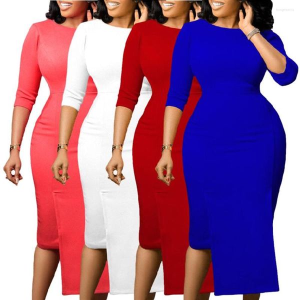 Freizeitkleider Damen Elegante Damen Kirche Sommer 2023 Afrikanisch Trendy 3/4 Ärmel Einfarbig Drapiert Knielang Büro Karriere Kleid
