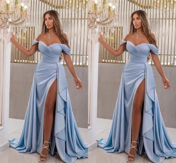 Vestidos de baile de baile de noite azul -céu claro arabid dubai sexy uma linha fora dos ombros presos de rapffles longos casos de ocasião de festas vestidos de bc14413