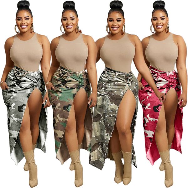 2023 Summer Designer Camouflage Print Gonne Donna Sexy High Split Mid Skirt Nave libera