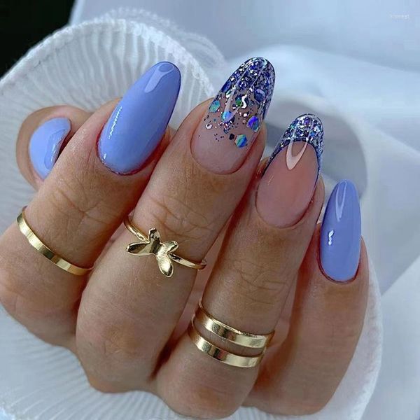 Falsche Nägel, blau, einfarbig, französischer Stil, Glitzer, gefälschte, einzigartige Pailletten, Pailletten, mittellange Nagelkunst, wiederverwendbares Maniküre-Zubehör