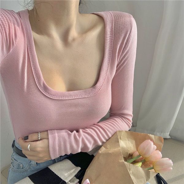 Damen T-Shirt Rosa Quadratischer Ausschnitt Unten Pullover Damen Herbst Slim Fit Enge Langarm Reißverschluss Mit Top 230331