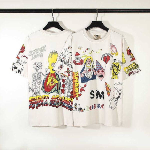 Europa e America High Street Readymade Saint Michael mens de mulher Simpson HPainted Graffiti Camiseta de manga curta