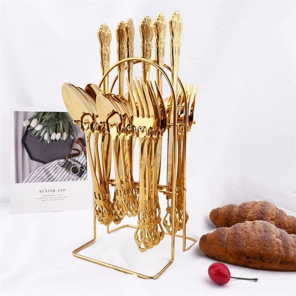 Set di stoviglie Set di scaffali da cucina di lusso in acciaio inossidabile di alta qualità, coltello, forchetta, cucchiaio, oro 230331