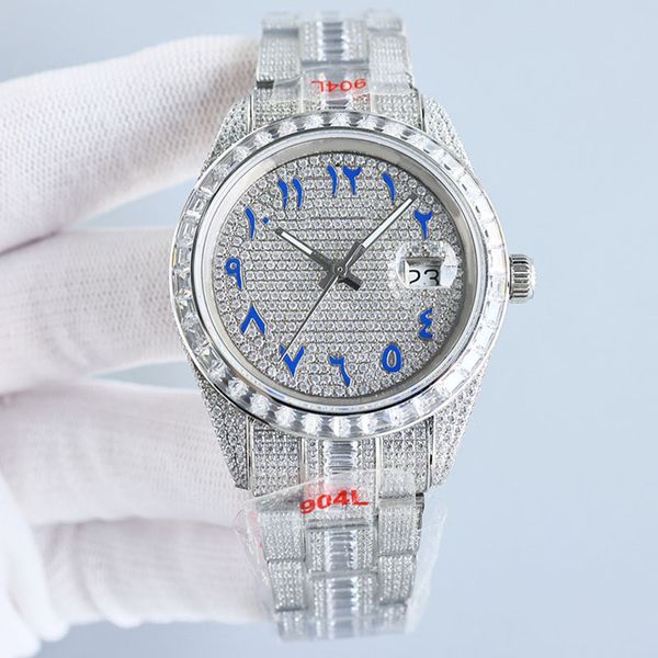Full Diamond Herrenuhr Automatik Mechanische Uhren 41 mm Silberarmband Römische Ziffern Diamant Rainbow Circle und Band Watch Sapphire wasserdichte Uhren