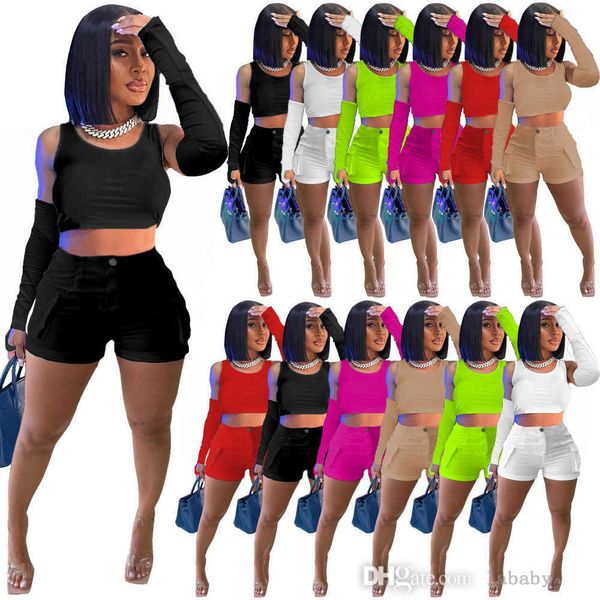 Summer Womens Trachsits Designer 2023 Moda Giyim Terlemeleri Terimler Düz Renkli Düz Renkli Tank Topları Cep Spor giysileri Gündelik Üç Parça Takım