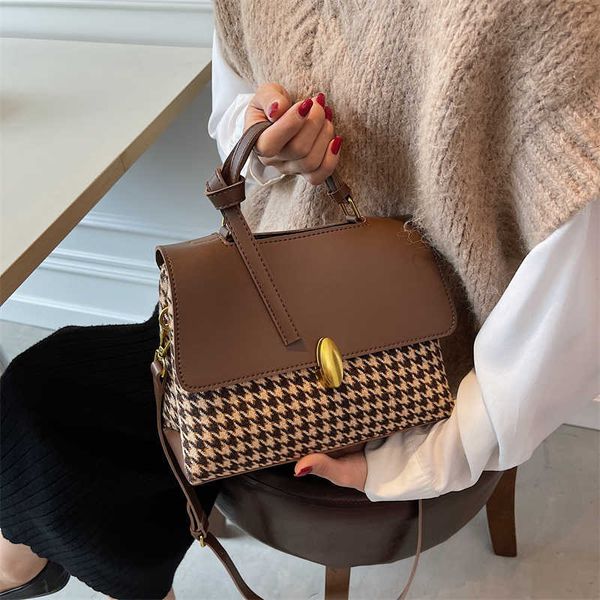 Bolsas de ombro Houndstooth Small PU Couather Crossbody com alça curta para mulheres atingem bolsas simples de inverno e bolsas 230322