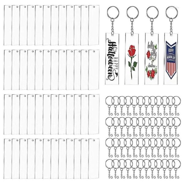 Keychains C9GF 48 PCs Conjunto de chaveiro DIY artesanato artesanal Forma do retângulo Clear acrílico em branco Chaves anéis de corrente para tags