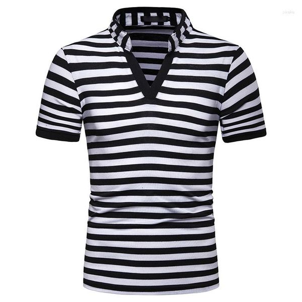 Erkek T Shirt 2023 Yaz Moda V Yaka Kısa Kollu Tee Gömlek Çizgili Erkekler Homme Rahat Tasarım Erkek T-Shirt Tops