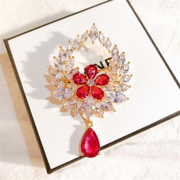 Broches vintage Red White Zircon Crystal Teardrop Pins para Buquês de jóias de Bridal Bridal DIY Acessórios de jóias Rhinestone Broches