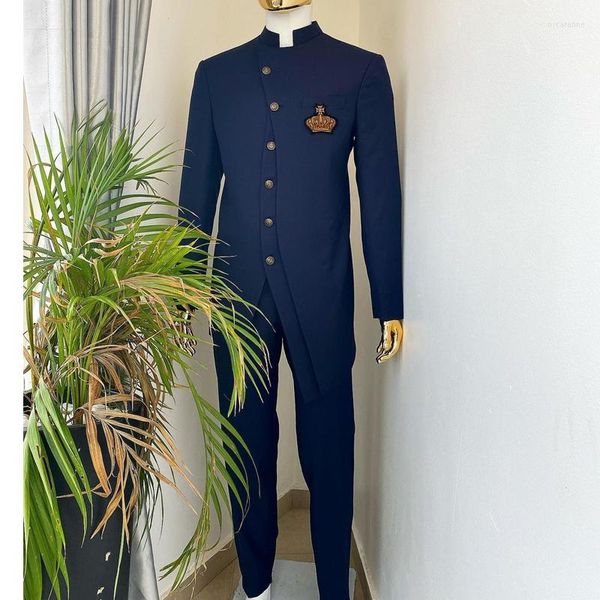 Abiti da uomo Safari per uomo con colletto alla coreana 2 pezzi Giacca formale a triplo strato Pantaloni Custom Made Wedding Tuxedo Costume da sposo africano