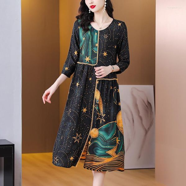 Vestidos casuais mulheres imprimem seda de manga longa Midi Dress Spring Summer Moda chique Festa de luxo Vestidos 2023 Cintura solta coreana elegante