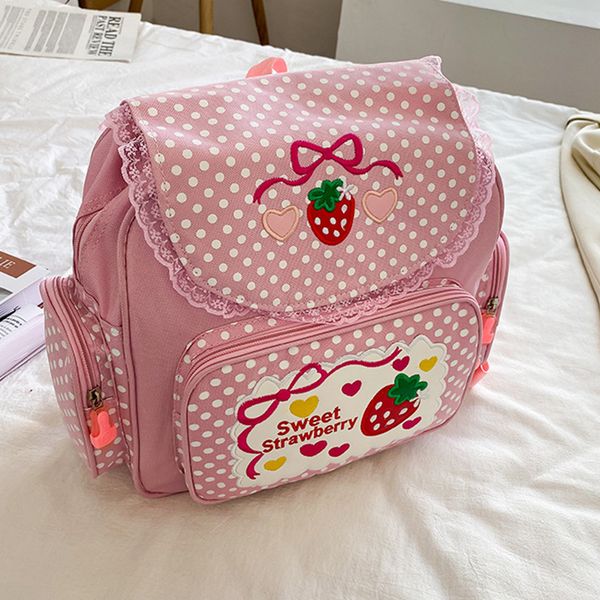 Schultaschen Kawaii Outdoor Daypack Süße Erdbeerstickerei Student Mochila Dots MultiPocket Nylon Fashion College for Teen Girls 230331