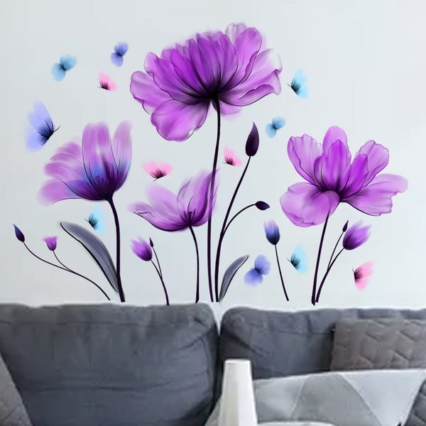 Adesivi murali Romantico fiore viola Carta da parati Soggiorno Camera da letto Famiglia Sfondo Farfalla Decorazione murale Adesivo decorativo autoadesivo 230331