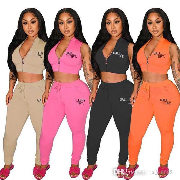 Sommer Frauen 2pc Hosenanzug Mode Brief Gedruckt Sexy Sleeveless Reißverschluss Crop Top Schlank Trainingsanzug Zweiteilige Outfits