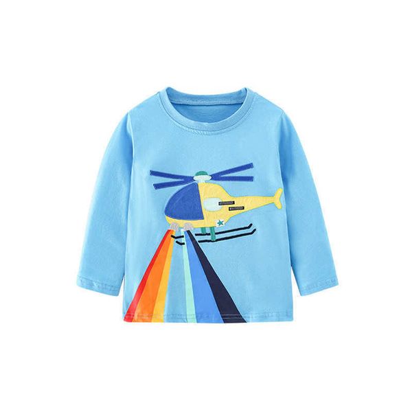 T-Shirts Springende Meter Jungen T-Shirts Flugzeugstickerei Herbst Frühling Kinderkleidung Langarm Kinderkostüm Bluse Hemden AA230330