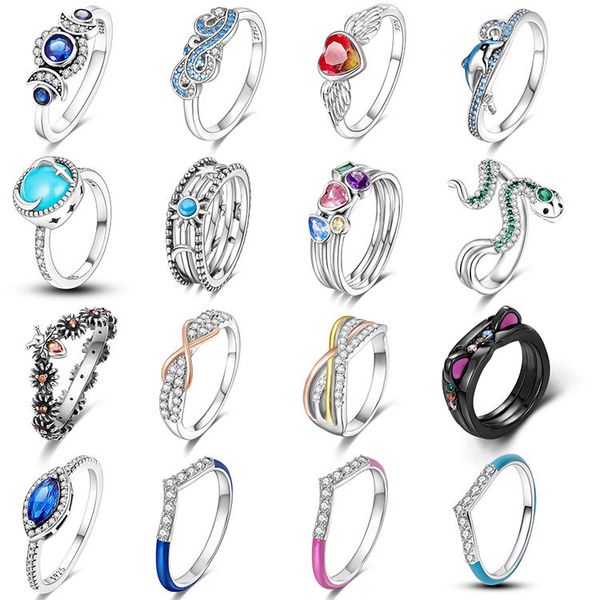 Anelli con ciondoli a nastro in argento sterling 925 per le donne Nuovo anello a barra in zirconio a colori larghi placcato in argento Misterioso anello in stile esotico retrò Ornamento a mano Anello da donna, fede nuziale