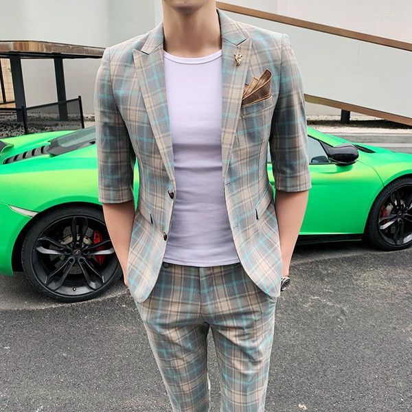Erkek Suit 2023 Yaz Erkekler Takım Seti Karışık Renk Ekose Yarım Kollu Blazer Kırpılmış Pantolon Moda İş İnce Giyim