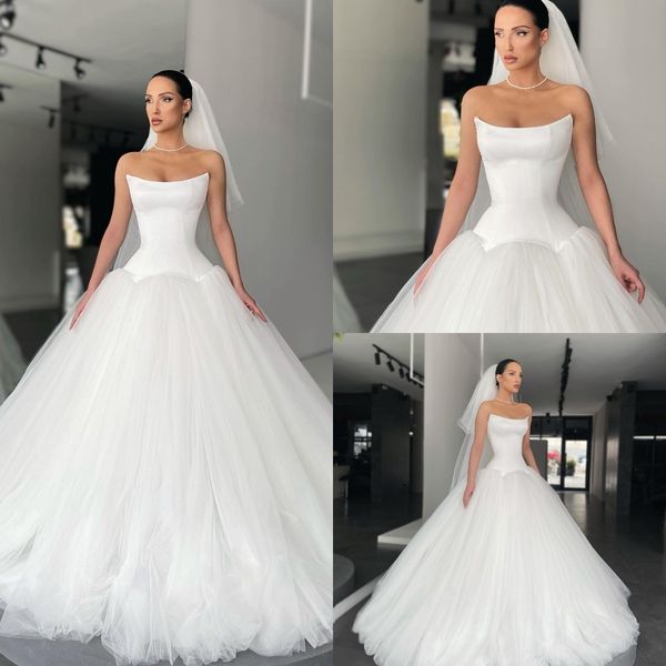 Uma linha vestidos sem alças para no noiva vestido de noiva de tule de noiva vestidos de novia sem costas designer moderno vestidos de noiva signatário