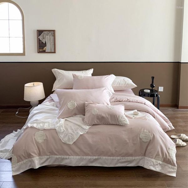 Set di biancheria da letto Chic Camelia Ricamo Set di lusso rosa 1000TC Copripiumino in cotone egiziano Lenzuolo o federe da letto