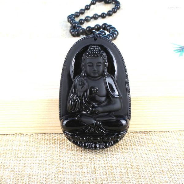Ketten Tropfen Natürlicher Schwarzer Obsidian Stein Geschnitzter Buddha Glücksamulett Anhänger Halskette Für Frauen Männer Anhänger Schmuck