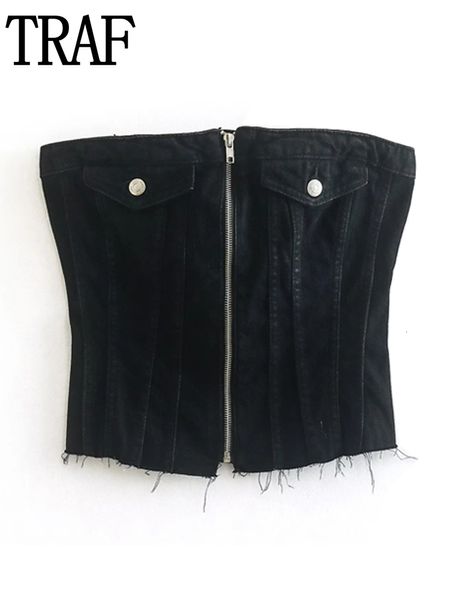 Canotte da donna Camis TRAF Corsetto in denim nero Top Donna con spalle scoperte Donna Party Backless Sexy Tube Donna Streetwear Tank Jeans Bustier 230331