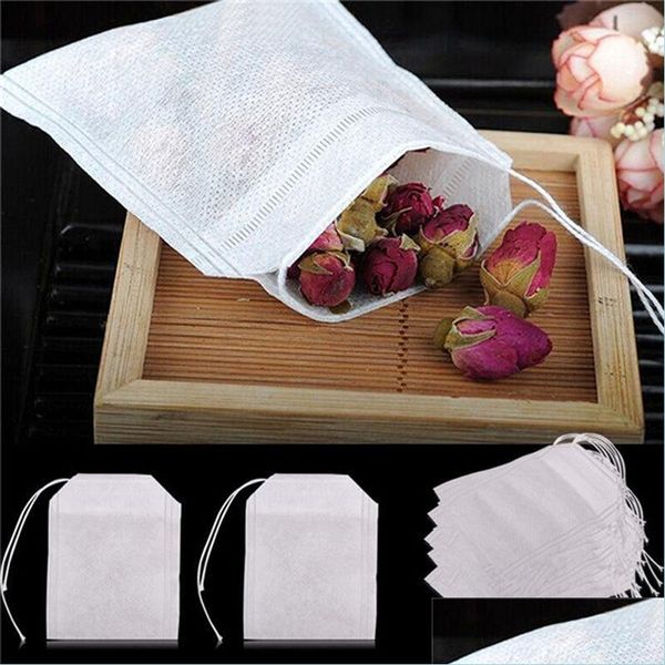 Kahve Çay Araçları 100 PCS/Lot Tek Kullanımlık Çay Poşetleri 5.5 x 7cm String Conta Filtre Kağıdı ile Boş Kokulu Torbalar Bitki Gevşek Yaprak Dhlno