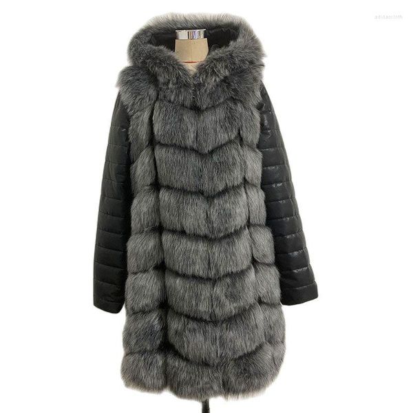 Damen Pelz HJQJLJLS 2023 Wintermode Damen Dicker Warmer Faux Mantel Mit Abnehmbarer PU-Ärmel Und Abnehmbarer Kapuze Schwarze Jacke