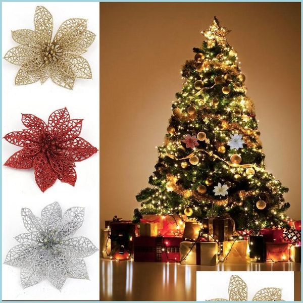 Decorações de Natal Glitter Glitter Artificial Hollow Flowers Tree Ornamentos Festa de Natal Drop Drop Datch Garden Festive Supplies Dhwyu