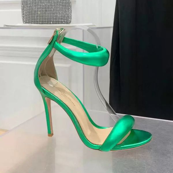 10,5 cm de sandálias estiletto sapatos de salto alto salto de verão feminino sandálias de designer de luxo de metal verde sapatos de zíper de couro de metal verde traseiro