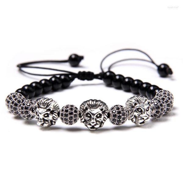 Strang Lion Armbänder Männer Vintage verstellbares Armband poliert schwarz Onyx Perlen Armreif CZ Ball Charm Pulsera Schmuck Homme Mode Geschenk